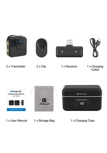 Puluz 8 Pin Manyetik Yaka Kablosuz Mikrofon, Şarj Kutulu