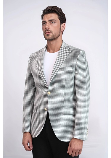 Açık Gri Kazayağı Desenli Gold Renk Metal Düğmeli Slim Fit Erkek Blazer Ceket - Wessi Grey