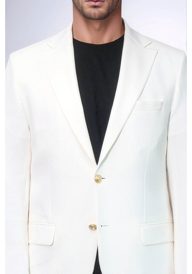 Ekru Kedinden Desenli Örme Altın Renk Metal Düğmeli Slim Fit Erkek Blazer Ceket - Wessi Blue Ekru Kedinden Desenli Örme Altın Renk Metal Düğmeli Slim Fit Erkek Blazer Ceket - Wessi Blue