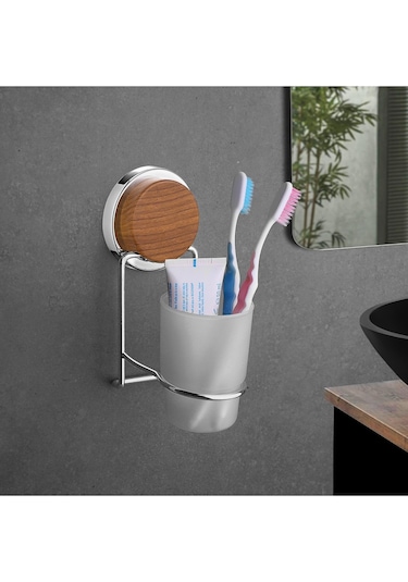 Okyanus Home Ahşap Desenli Magic Fix Sihirli Yapışkan Krom Diş Fırçalık Krom