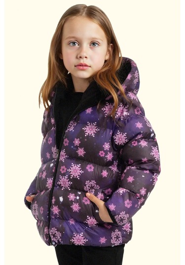 Kız Çocuk Pusula Desen Polar Su Ve Rüzgar Geçirmez Kapüşonlu Şişme Kışlık Mont Mor