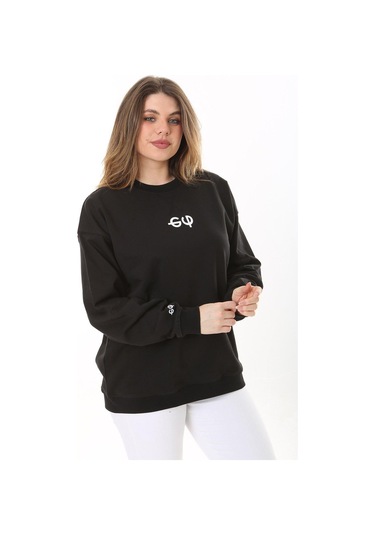 Kadın Büyük Beden Siyah Pamuk Kumaş Arka Baskılı Sweatshirt 65n37618-siyah Siyah