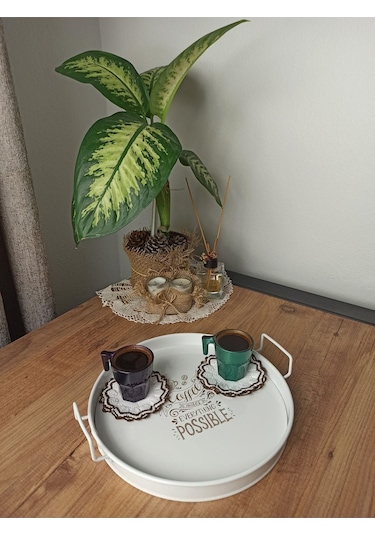 Reoona Metal Sunum Tepsi.çay Kahve Pasta Tatlı Servis 27 Cm Beyaz Metal