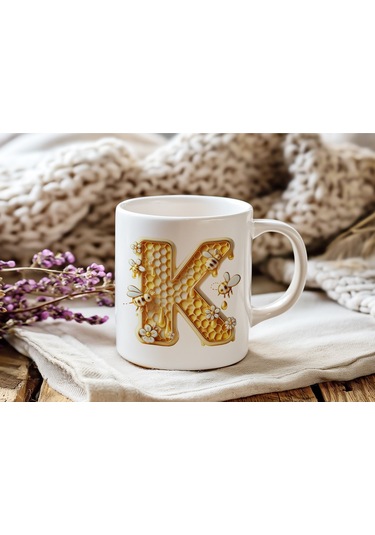 K Harfi Bal Arısı Tasarım Kupa Bardak - Bal Ve Petek Desenli Kişiye Özel Kahve Kupası - Hediyelik Beyaz