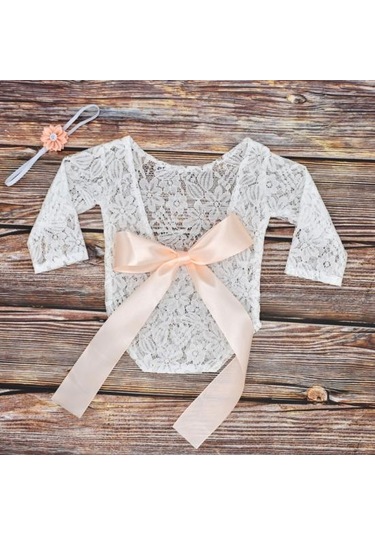 Bej Yenidoğan Bebek Kız Ilmek Yumuşak Dantel Romper Çiçek Kafa Bandı Fotoğraf Sahne Bej