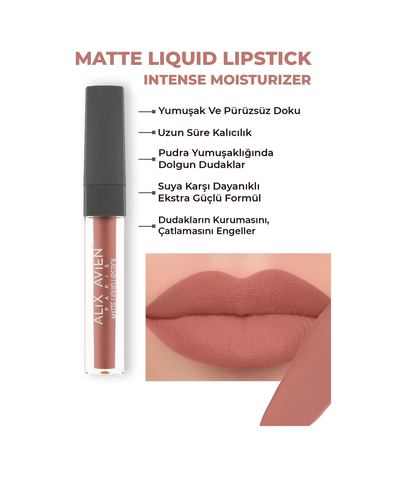 Alix Avien Uzun Süre Kalıcı Kadifemsi Kuruma Yapmayan Mat Likit Ruj Matte Liquid Lipstick 502 Peachy Nude