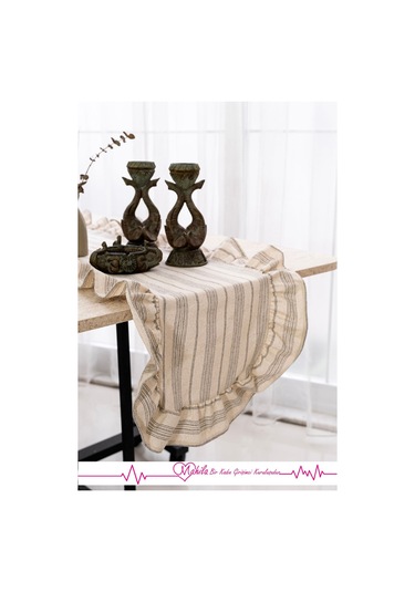 Siyah Süprem Çizgili 40x125 Şık Tasarım Ekstra Büyük Fırfırlı Runner, %100 Keten Runner Bej