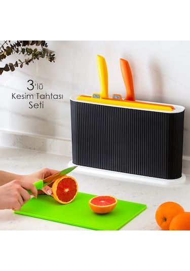 Porsima 1075 3 Bıçaklı Standlı Çoklu Kesme Tahtası Seti Siyah - Beyaz