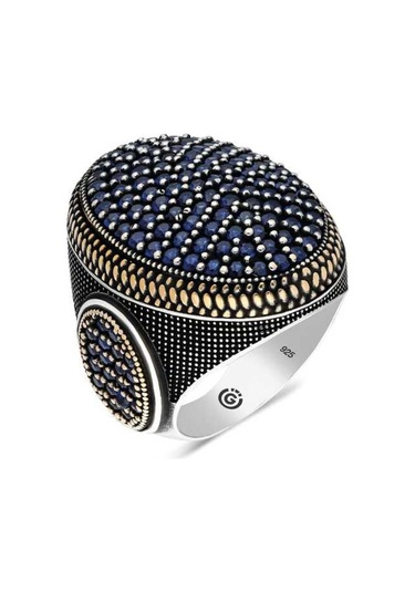 Gümüş Lacivert Zirkon Taşlı Oval Erkek Yüzük (551186411)