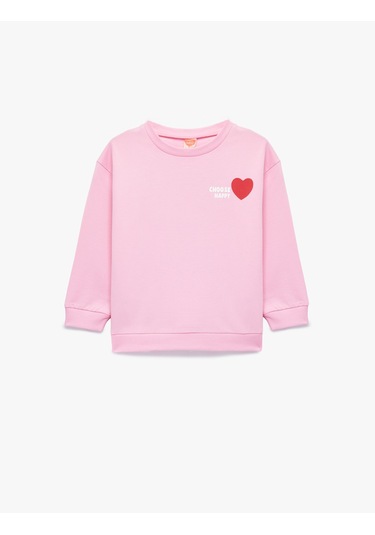 Koton Uzun Kollu Bisiklet Yaka Kalp Baskılı Pamuklu Sweatshirt Pembe 6wmg10103ak Gül