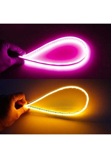 Cbtx 2 Adet 45cm Ultra İnce Araba Drl Esnek Led Şerit Gündüz Çalışan Işık Dönüş Sinyali Işığı - Pembe Mor / Sarı