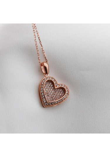 Kişiye Özel Kalp Zirkon Taşlı Rose Gold Kaplama İsim Yazılabilir Kolye Gümüş