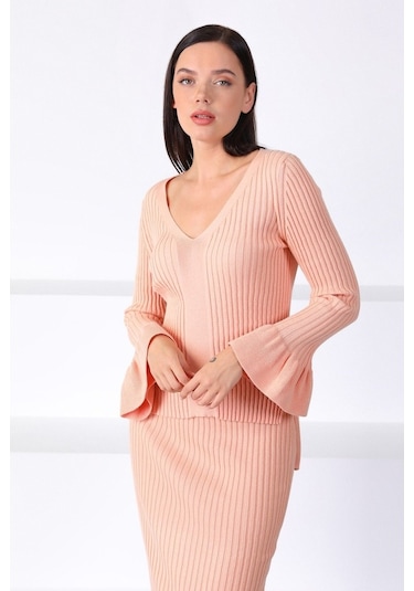 Ferraro Apricot Yırtmaçlı Kadın Triko Etek Pudra