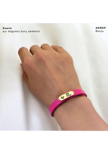 Archin Kasım Ayı Doğumlarına 14 Ayar Altın Plakalı Pembe Derili Kelebek Figürlü Hediye Bileklik-651ay Kasım