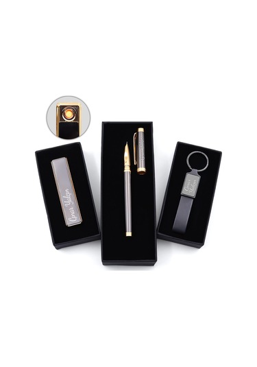 Kişiye Özel Füme Dolma Kalem & Siyah Usb Şarjlı Sürgülü Çakmak &