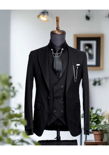 Beystil Sivri Yaka Siyah Takım Elbise Nikol04- Slim Fit Siyah