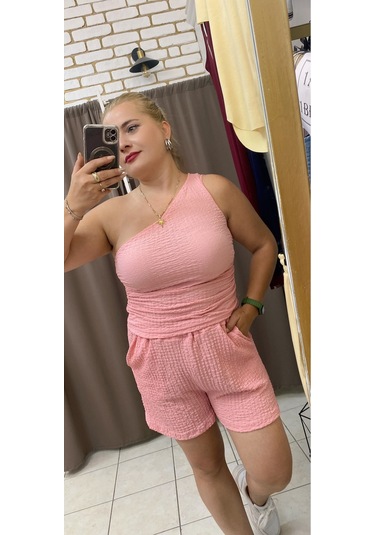 Tuba Toptaş Tek Omuz Gofre Bluz Pembe