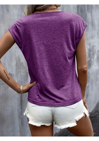 Kadın Kısa Kollu V Yakalı Kalp Baskılı Viskon Bluz Mor