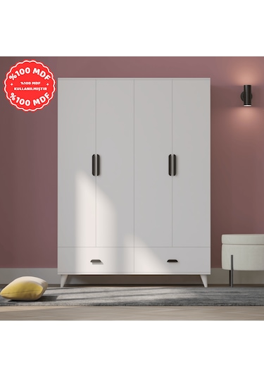 İnci 4 Kapaklı 2 Çekmeceli Gardırop Beyaz %100 Mdf