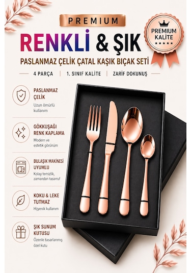 Premium Paslanmaz Çelik Çatal, Kaşık Ve Bıçak Seti Modern Bakır Renk 4 Parça