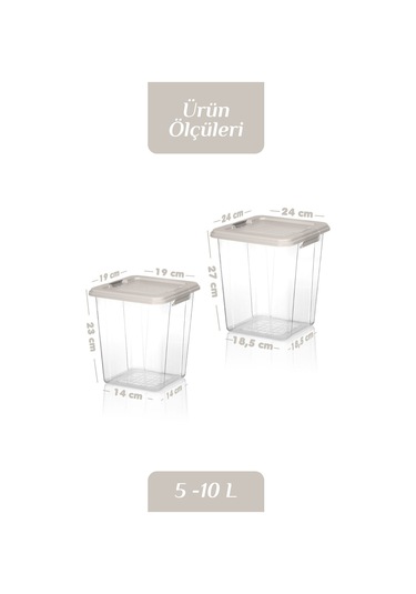 2'li Set 5-10l Kilit Kapak Saklama Kutusu Deterjanlık - Un Bakliyat Erzak Saklama Kabı Organizer Box Bej