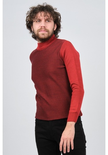 Çizgi Triko Erkek Yarım Balıkçı Yaka Desenli Kazak 42564229 Bordo Bordo