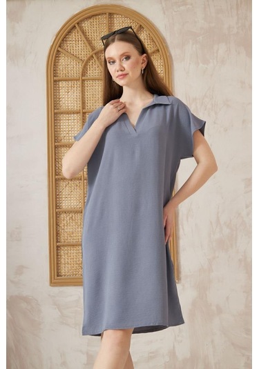 Kadın Bol Kesim Polo Yaka Kısa Kollu Günlük Kısa Midi Elbise Dizüstü 2883200 Gri