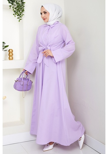 Renda Belden Bağlamalı Elbise 1467 - Lila Lila