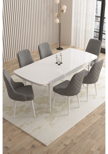 Mazaka Beyaz 80x132 Açılabilir Mdf Masa Yemek Odası Takımı, Mutfak Takımı 6 Adet Sandalye Gri Mazaka Beyaz 80x132 Açılabilir Mdf Masa Yemek Odası Takımı, Mutfak Takımı 6 Adet Sandalye Gri