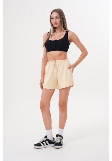 Genius Store Kadın Modal Şort Beli Lastikli Cepli Şort Modal-şort Sarı