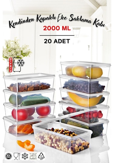 Nandy Home Kendinden Kapaklı Derin Dondurucuya Uygun Saklama Kabı  20 Adet 2 L