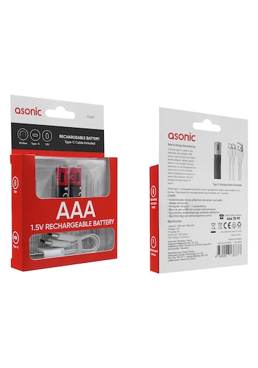 Asonic Pl400 Aaa Ince 1.5v 400mah/750mwh Type-c Usb Şarjli 2li Pil