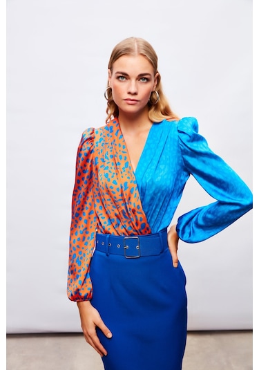 Sateen Kruvaze Desenli Bodysuit - Oranj-sax Mavi