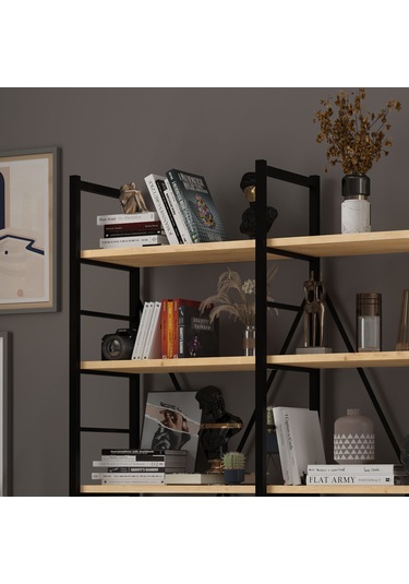 6 Raflı Metal Kitaplık İki Modül-metalk02-safir Meşe