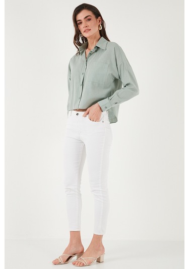 Lela Pamuk Ve Keten Karışımlı Regular Fit Önü Kısa Arkası Uzun Bayan Gömlek 6772867 Çağla