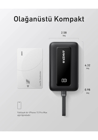 Anker Zolo Powerbank 10k 30w Dahili Usb-c Kablo