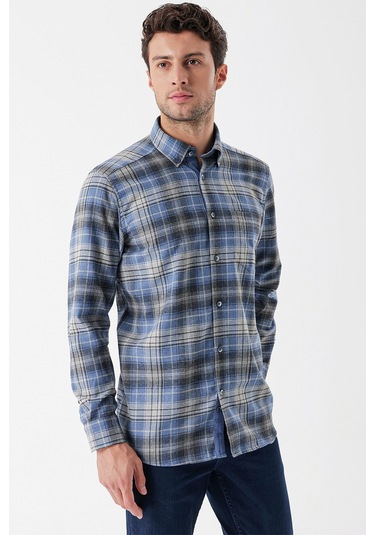 Koyu Mavi Uzun Kollu Ekoseli Gabardin Sert Yaka Cepli Garnili Casual Comfort Fit Gömlek 1004235112-koyu Mavi Koyu Mavi