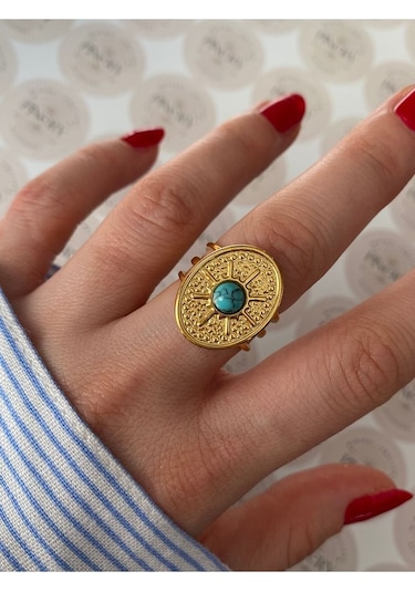 Pinery Jewels Firuze Taşlı Paslanmaz Çelik Kararmaz Ayarlanabilir Gold Yüzük Altın