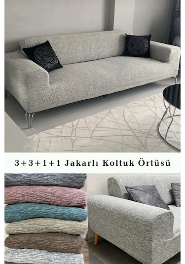 StarMall Jakarlı Ağaç Koltuk Örtüsü, Kanepe Örtüsü, Chester Örtüsü 3311 Takım Taş Gri