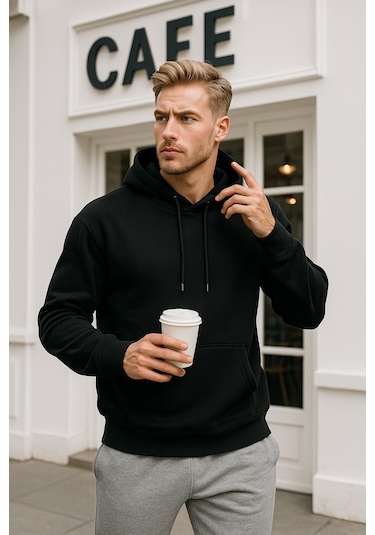 Rich Erkek Siyah Pamuklu Cep Detaylı Kapüşonlu Sweatshirt Siyah
