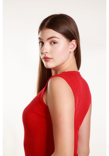 Kadın Kırmızı Fitilli Likralı Sıfır Kol Bisiklet Yaka Örme Atlet Tshirt Bluz Kırmızı