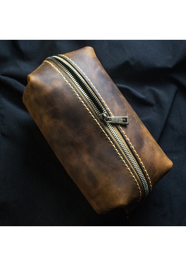 El Yapımı Hakiki Deri Dopp Kit Crazy Deri, Fermuarlı Seyahat Çantası