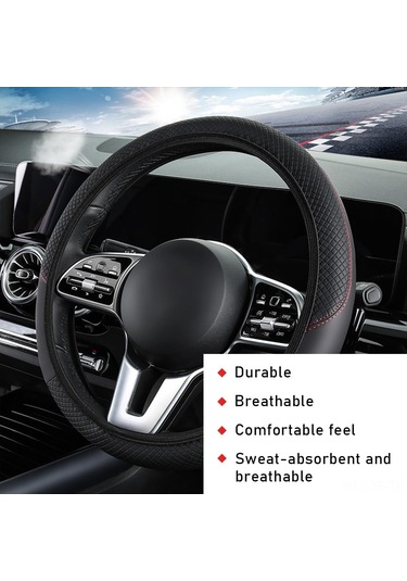 Yifomall 38cm Siyah Kumaş Lastikli Dairesiz Direksiyon Kılıfı - Karbon Fiber Desenli Deri Siyah