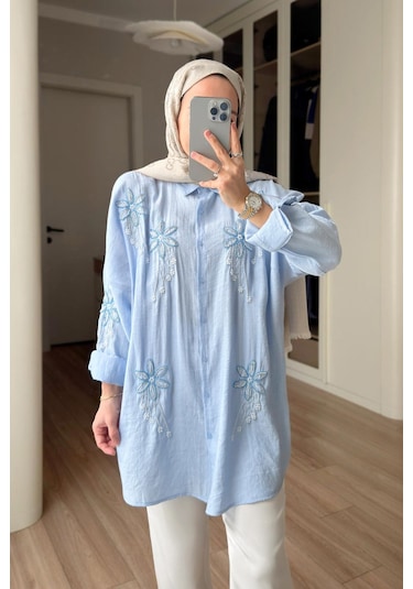 Kahijab Stella Boncuk İşlemeli Gömlek - Mavi