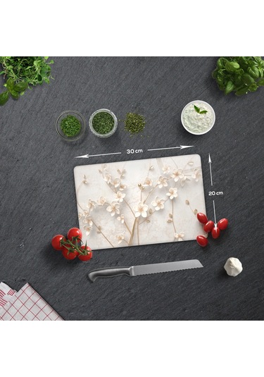 Cam Kesme Tablası - Cam Kesme Tahtası Beyaz Çiçek 20cm X 30cm