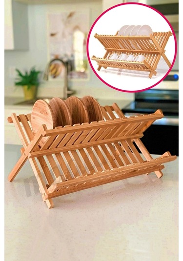 Madamev 2 Katlı Bambu Katlanabilir Tabaklık Bulaşıklık Büyük Boy Mutfak Dekoratif Bulaşık Kurutma Ra Bambu