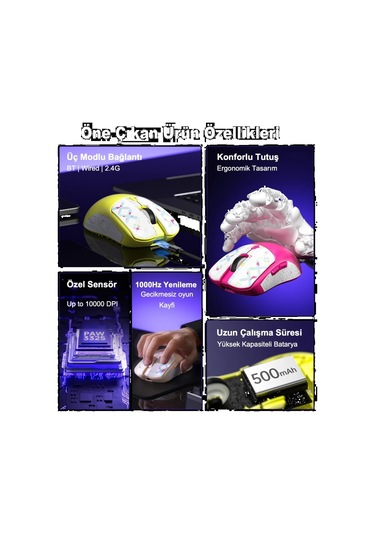 Aula Sc580x Lightweight Paw3311 10000 Dpı 1000hz Beyaz Kablosuz Gaming Mouse Sc580x