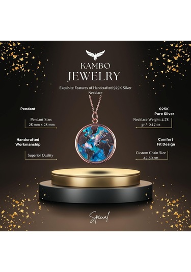 Dünya Haritası Kolye, 925 Ayar Gümüş Rose Gold Kaplama Kolye, Farklı Dünya Tasarımı Gümüş