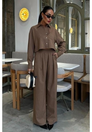 Crop Gömlekli Çizgili Takım 10080 Kahverengi