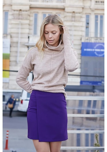 Kadın Hafif Likralı Kumaş Yüksek Bel Anvelop Kruvaze Hafif Mini Kalem Etek-mor Mor